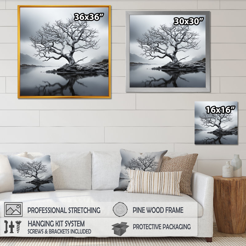 «Stormy Grays Tree Emotion» sur toile, H 24 po x l 24 po x P 1 po, Cadre simple blanc