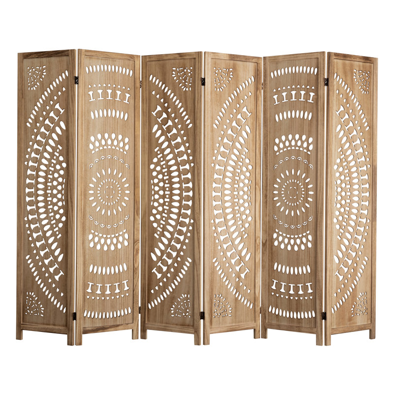 67'' H Solid Wood Folding Room Divider Privacy Screen with Hand-Carved Floral Design, Brown, 6