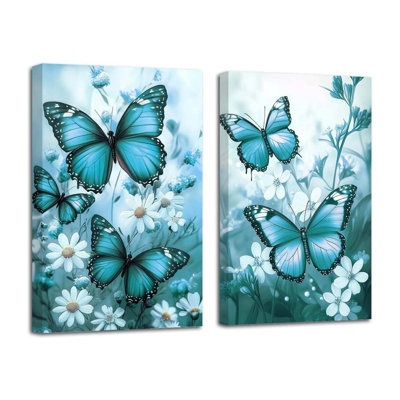 Butterfly Picture Wall Decor Fantasy Wall Art 2 Piece Butterflies With Flower Painting Prints Rustic Floral Framed Artwork (2 Pieces)