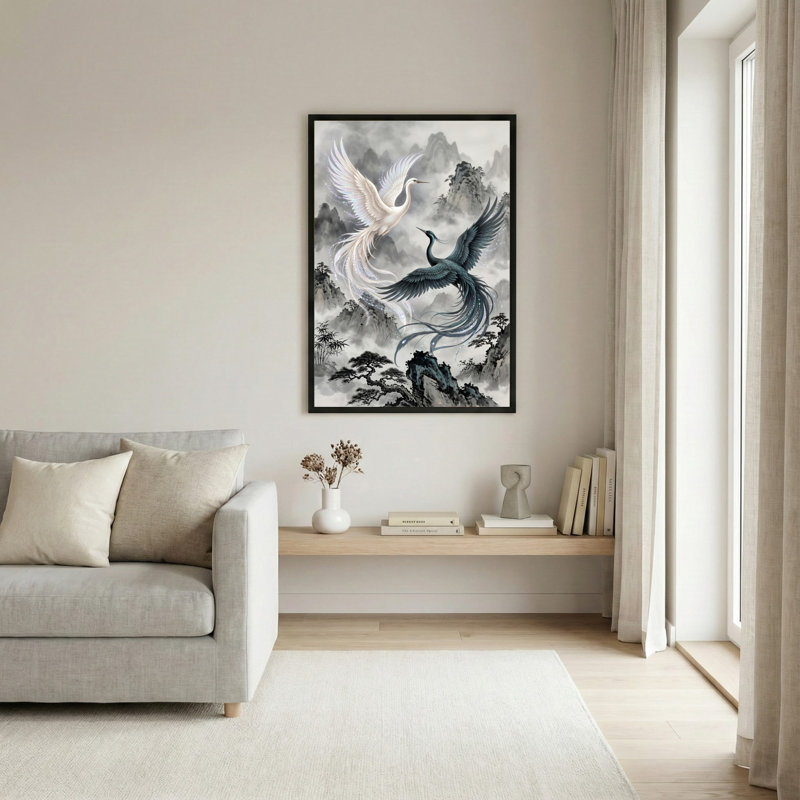 Art mural sur toile noir encadré pour le salon, la chambre à coucher, le bureau ou le vestibule - décoration murale décorative avec grue Phoenix