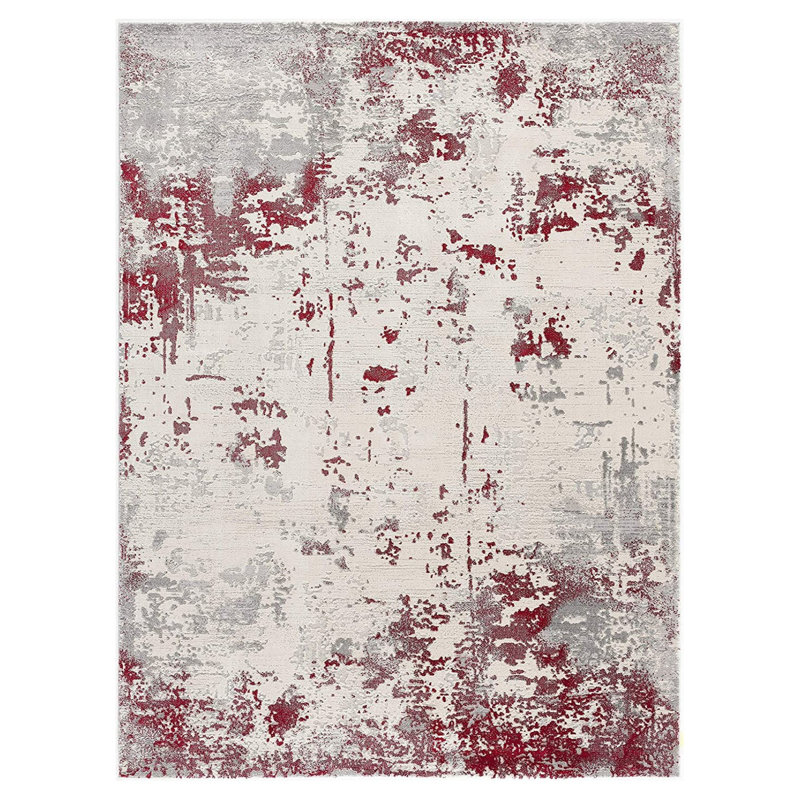 Tapis gris / beige / rouge fait à la main, Rectangle 7 pi x 10 pi