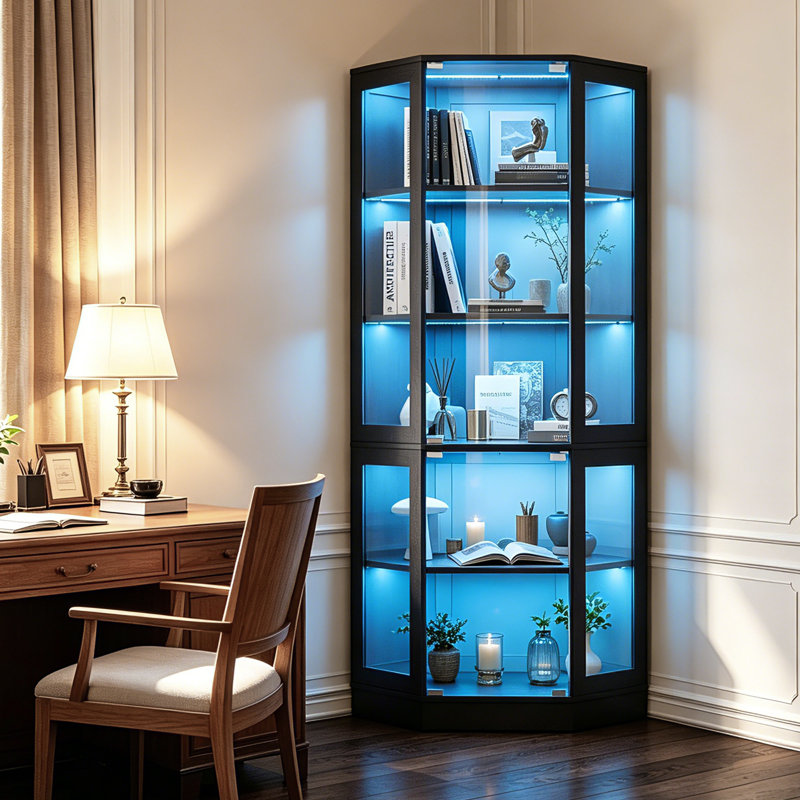 Vitrine d'angle à 5 niveaux avec portes en verre trempé, lumières RVB, armoires de collection, armoires de présentation et armoires de rangement, noir