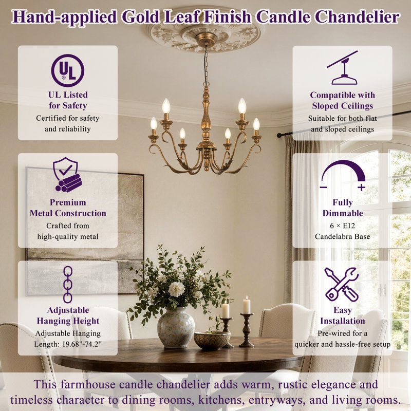 Josuel 6 - Light Iron Dimmable Chandelier, Antique Brass
