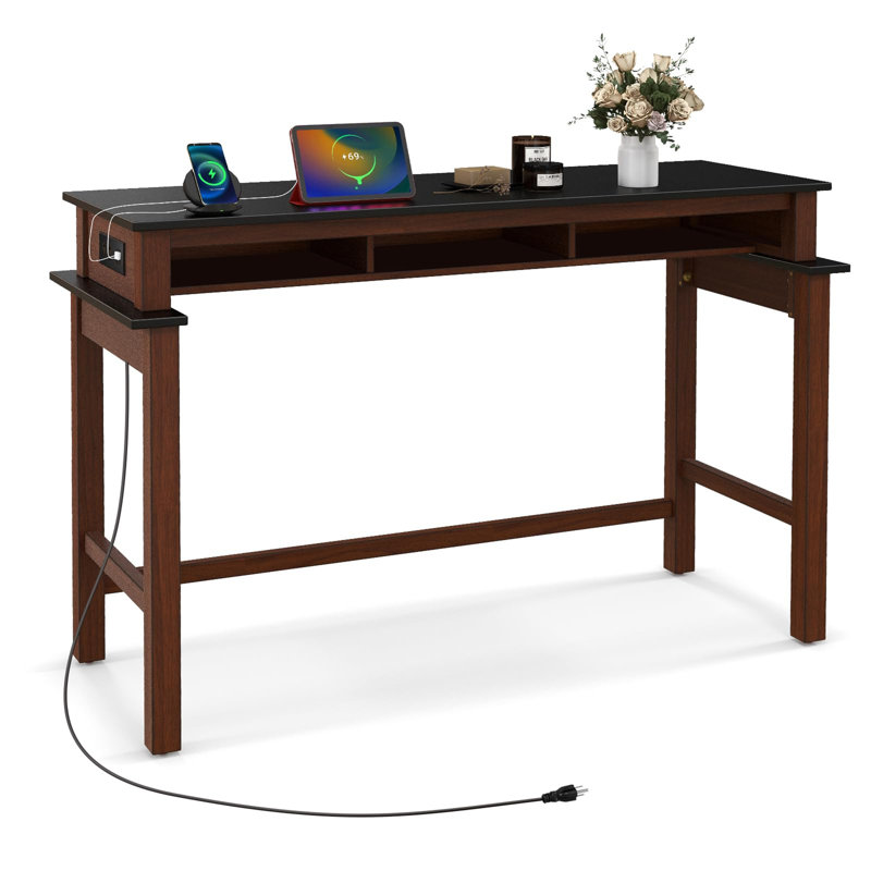 Ebern Designs Bar Table With Power Outlets Counter Height Table With Storage Compartments Wooden, Walnut, Black