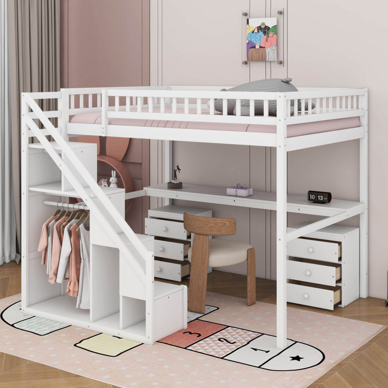 Full Size Loft Bed With Two Chest Of Drawers, Desk And Light Strip, Full, White