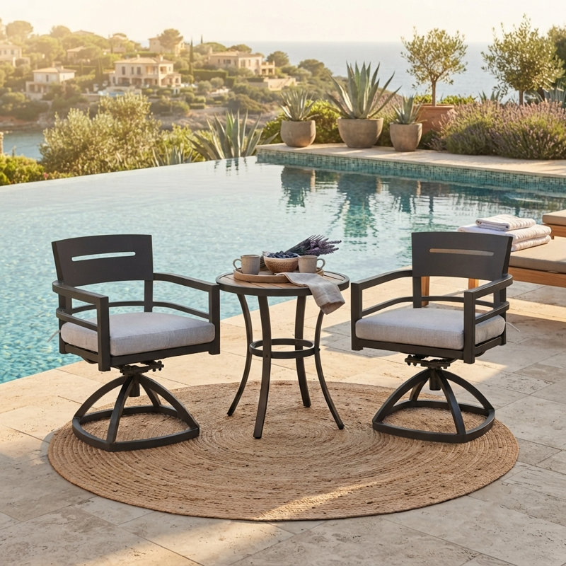 Chaises de bistro d'extérieur pivotantes à 360 ° en aluminium avec coussins Sunbrella (ensemble de 2), chaises bistro noires résistantes aux intempéries Ember