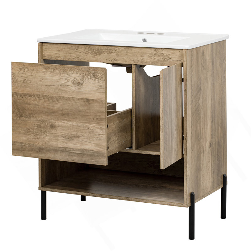 30" Modern Wood Fixture Bathroom Vanity, Bathroom Cabinet With Sliding Drawer, Bathroom Storage Cabinet With Ceramic Basin Sink Top, Single Bathroom Vanities Cabinet With Doors And Open Shelf