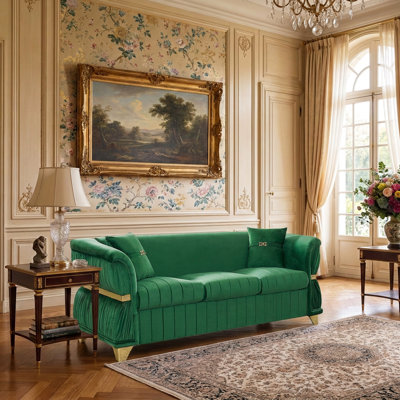 83.5" Modern Sofa with Gold-Tone Trim, Tapered Legs, Curved Armrests, and 2 Pillows