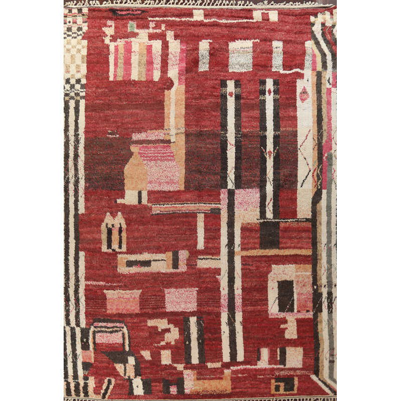 Tapis rouge noué à la main de conception unique 11 pi 8 po x 15 pi 6 po