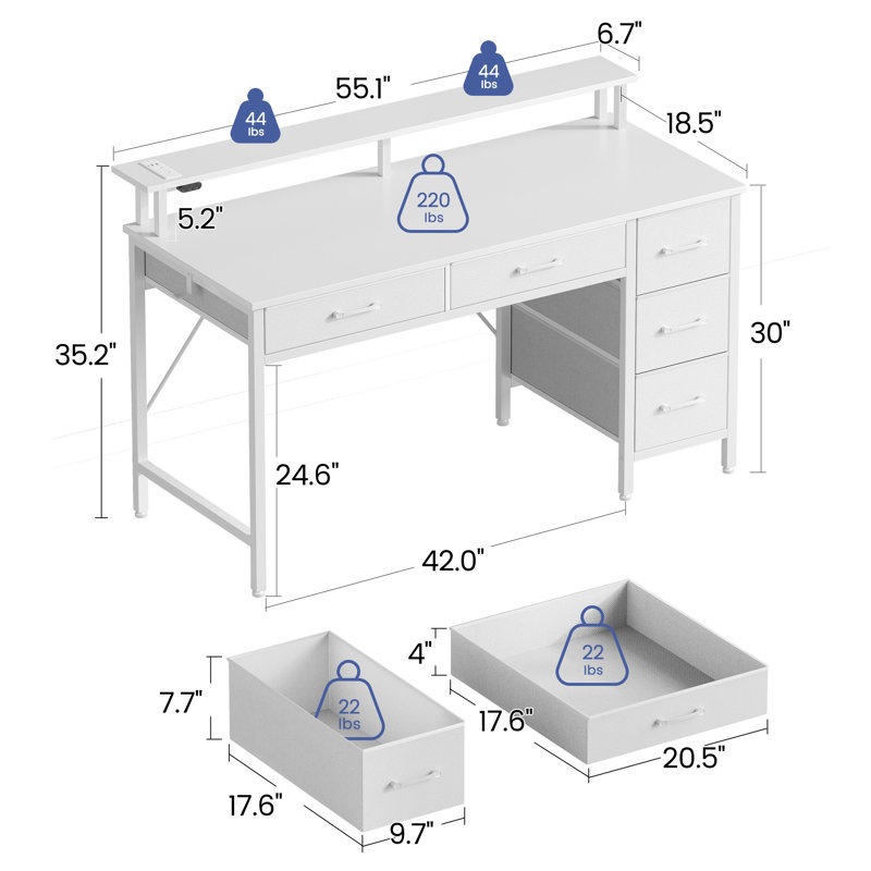 Computer Desk with Monitor Stand & Charging Station, Gaming Desk with LED Lights &  Drawers, 35.2" H x 47.2" W x 18.5" D