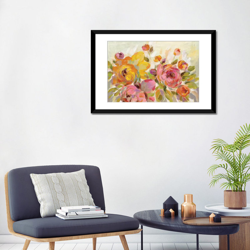 «Brushy Peony», reproduction d'aquarelle sur toile tendue, H 16 po x l 24 po x P 1 po, Papier d'art encadré noir, Blanc