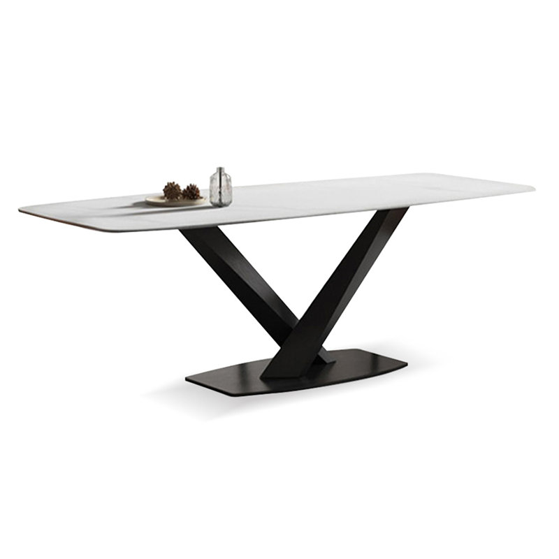 Plateau de table rectangulaire blanc en pierre frittée blanche avec table de salle à manger / cuisine en acier au carbone