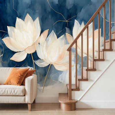Peler et coller le papier peint, peinture à l'aquarelle abstraite, fleurs blanches et bleues, nénuphars, art mural auto-adhésif et amovible