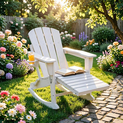Folding Adirondack Rocking Chair with Ottoman, HDPE Outdoor Chair with Cup Holder, White