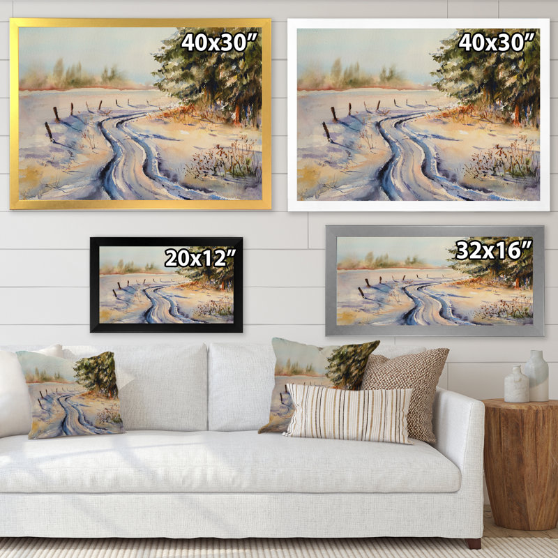 Paysage de forêt enneigée - Peinture sur toile, H 30 po x l 40 po, Toile à cadre d'angle fermé doré