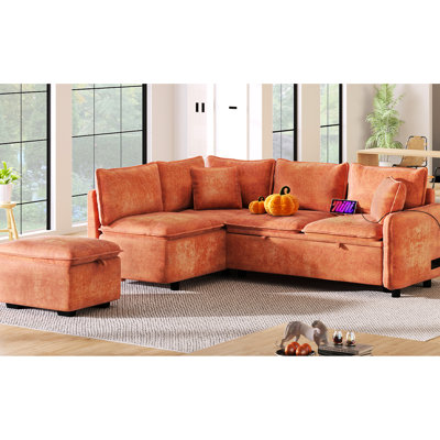 Canapé modulaire convertible orange avec rangement et coussins - Cozy Living Space Espace de rangement en forme de L de 83,39 po, coussins, hublots et sièges fonctionnels