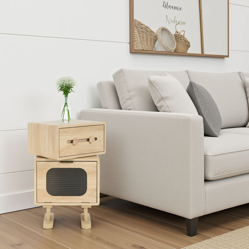 Robot Rotatable Side Table - Whimsical Storage Table with Swivel Top (Natural Wood-Tone MDF)