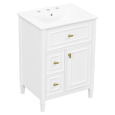 Meuble-lavabo 24 po avec lavabo, meuble-lavabo avec un tiroir rabattable et deux tiroirs, tablette réglable, bois massif et panneau de fibres à densité moyenne, blanc