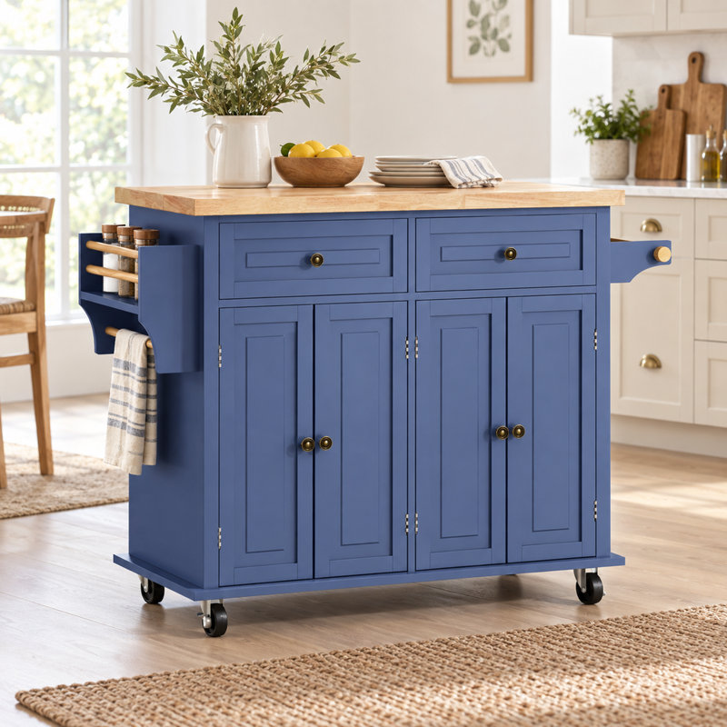 Îlot de cuisine mobile bleu marine avec plateau en bois massif, table mobile de 111 cm (43,7 pouces) sur roulettes avec placards de rangement, tiroirs et étagères réglables