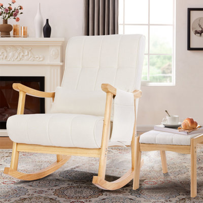 Kelbie Upholstered Nursery Rocking Chair with Ottoman,Pillow,Storage Bag and Rubberwood Frame