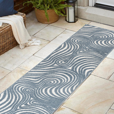 Amorra High-Low Abstract Groovy Striped Dark Blue/Cream Indoor/Outdoor Rug