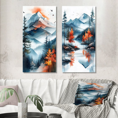 Crête brumeuse au sommet d'une montagne alpine bleue et orange - Ensemble de 2 impressions sur toile représentant des montagnes