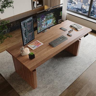 Nut-brown Rectangular Hight adjustable Solid Wood + Cold Rolled Steel desk