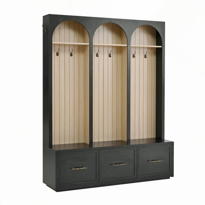 Arbre d'entrée de style ferme en bois avec design arqué, élégant banc d'entrée de 59 po de largeur avec 8 crochets rétro, porte-manteau rustique et range-chaussures avec 3 tiroirs pour le vestibule, salon, H 74,8 po