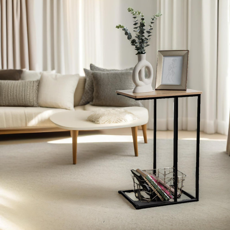 Alashia C Shaped Rustic Side Table with Metal Frame End Sofa Tables Living Room