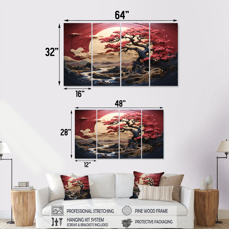 «Red Flower and Flower Garden II» - Fleurs, art mural 4 pièces pour le salon, H 28 po x l 48 po