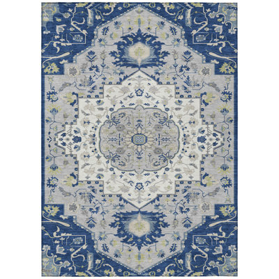 9' X 12' Navy Blue Ivory And Gray Oriental Washable Indoor Outdoor Area Rug