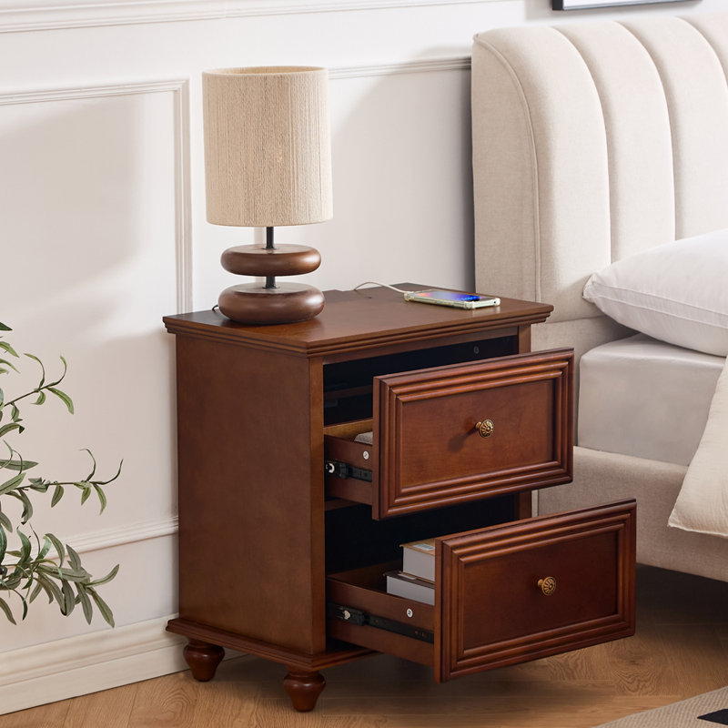 Table de chevet moderne Mid-Century avec station de charge, trou de sortie et 2 tiroirs