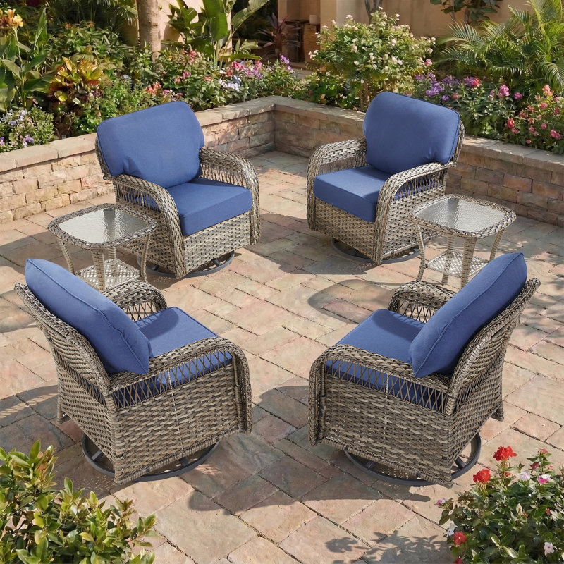 Ensemble de conversation pour patio en osier 6 pièces avec 4 chaises pivotantes et tables d'appoint, Bleu, Gris clair