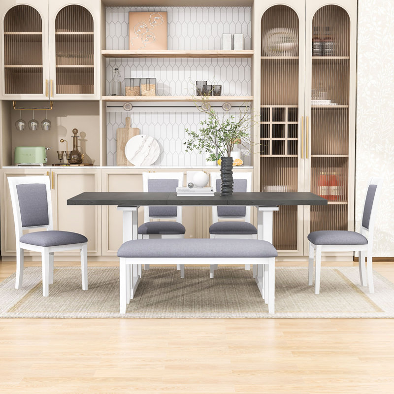 Ensemble de table de salle à manger 6 pièces, table de salle à manger extensible avec rallonge amovible, 4 chaises rembourrées et banc