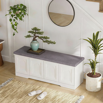 Shoe Bench With Storage Doors And Cushion, 2-Tier 8-Cubby Entryway Organizer Cabinet With Adjustable Shelves For Living Room And Bedroom