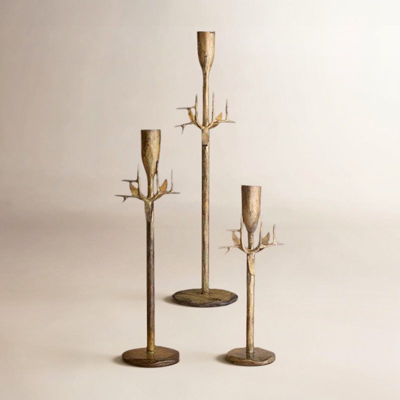  Set of 3 Forged Iron Deer Antler Taper Candle Holder Antique Gold