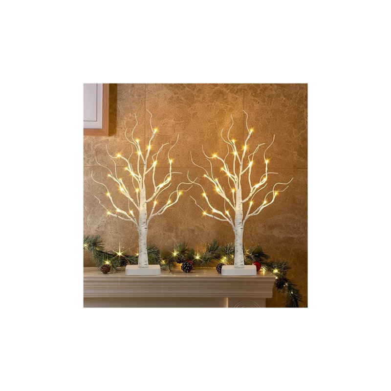 Ensemble de 2 bouleaux éclairés avec 24 lumières DEL blanc chaud, arbres de table artificiels à piles avec minuterie pour Noël, mariages, fêtes et décorations pour la maison