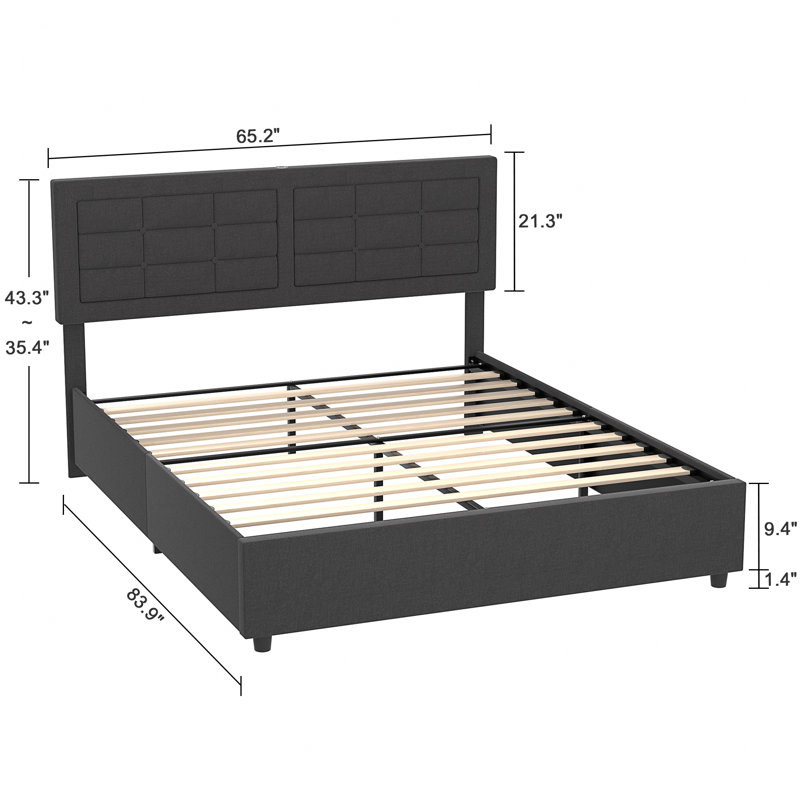Kempst Upholstered Queen Size Bed Frame with Adjustable Headboard, Queen Platform Bedframe with Charging Station, Mattress Foundation with Wooden Slats Support, No Box Spring Needed
