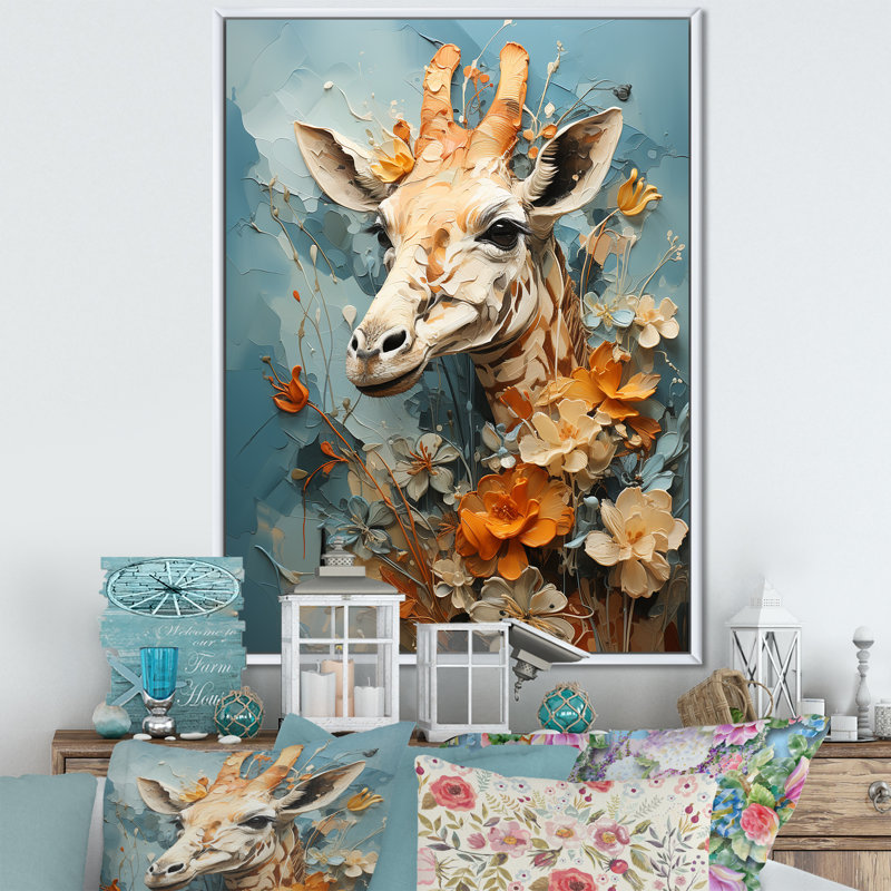 «Blue and beige Giraffe Portrait», art mural sur toile girafe, Cadre flottant blanc, H 20 po x l 12 po x P 1 po