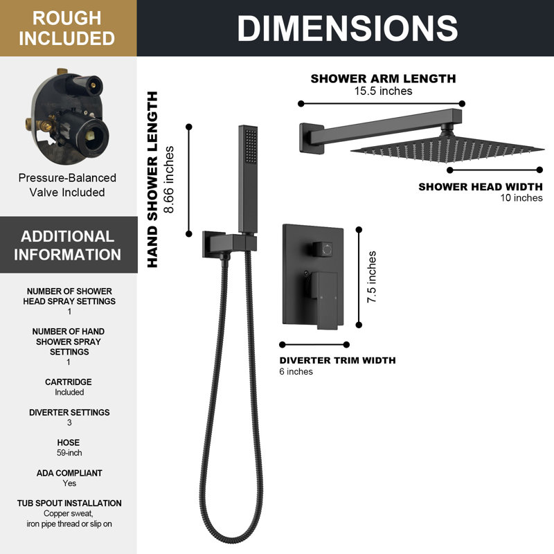 Modern Square Shower System, Rain Shower Head With Handheld Spray, Shower Faucet Set, Matte Black