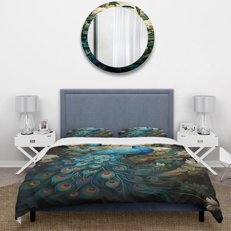 Ensemble d'édredon animaux 4 pièces - Paon bleu sarcelle avec taies décoratives et coussins décoratifs