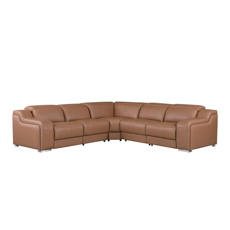 Stanyo 5 - Piece Top Grain Italian Leather Power Reclining Sectional, Cognac Genuine Leather