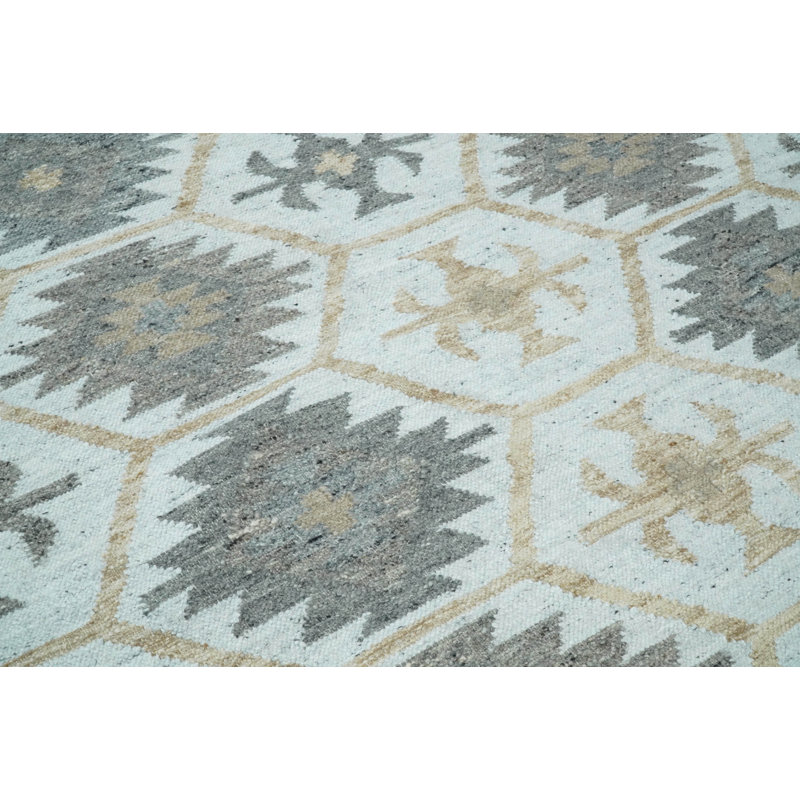 Tapis géométrique fait à la main gris / brun / blanc cassé Kilim, Rectangle 5 pi x 8 pi