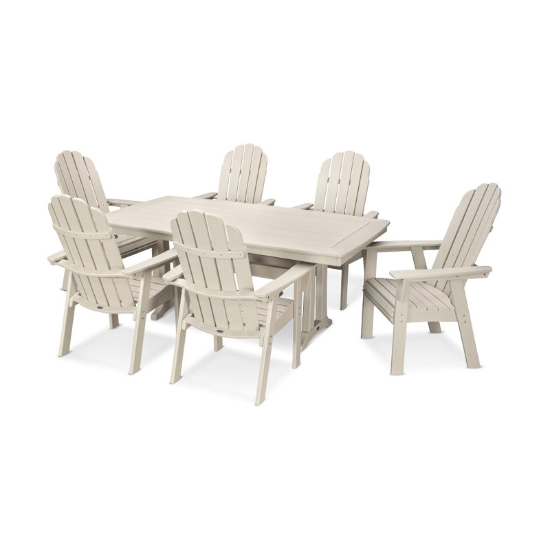 POLYWOOD Vineyard Curveback Adirondack 7-Piece Dining Set with Trestle Legs, Sand, Sand