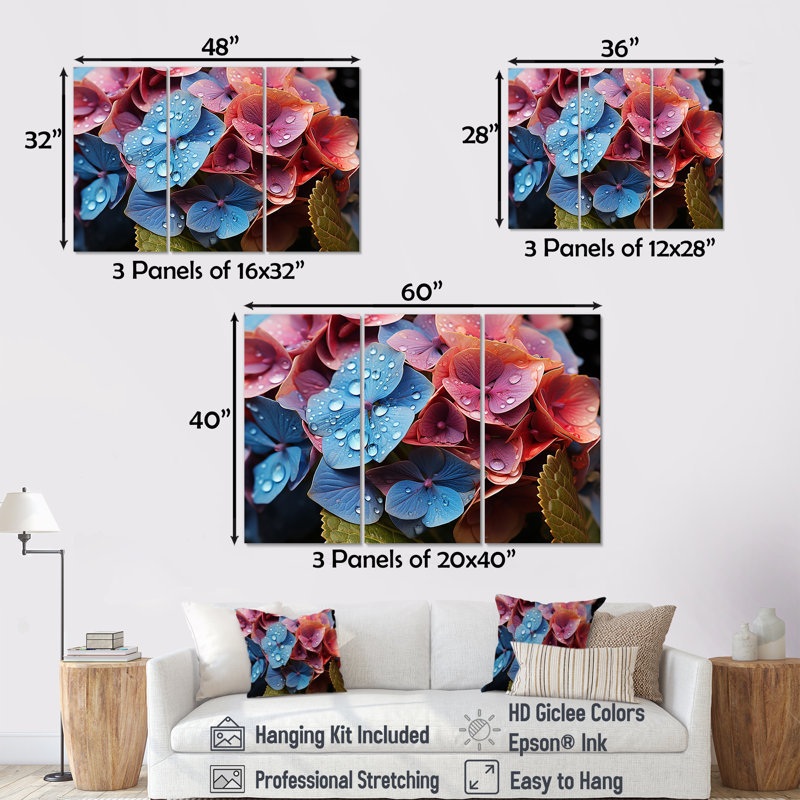 «Hydrangea Blooms Blend With Rainbow II», ensemble d'impressions murales hydrangées, H 28 po x l 36 po x P 1 po