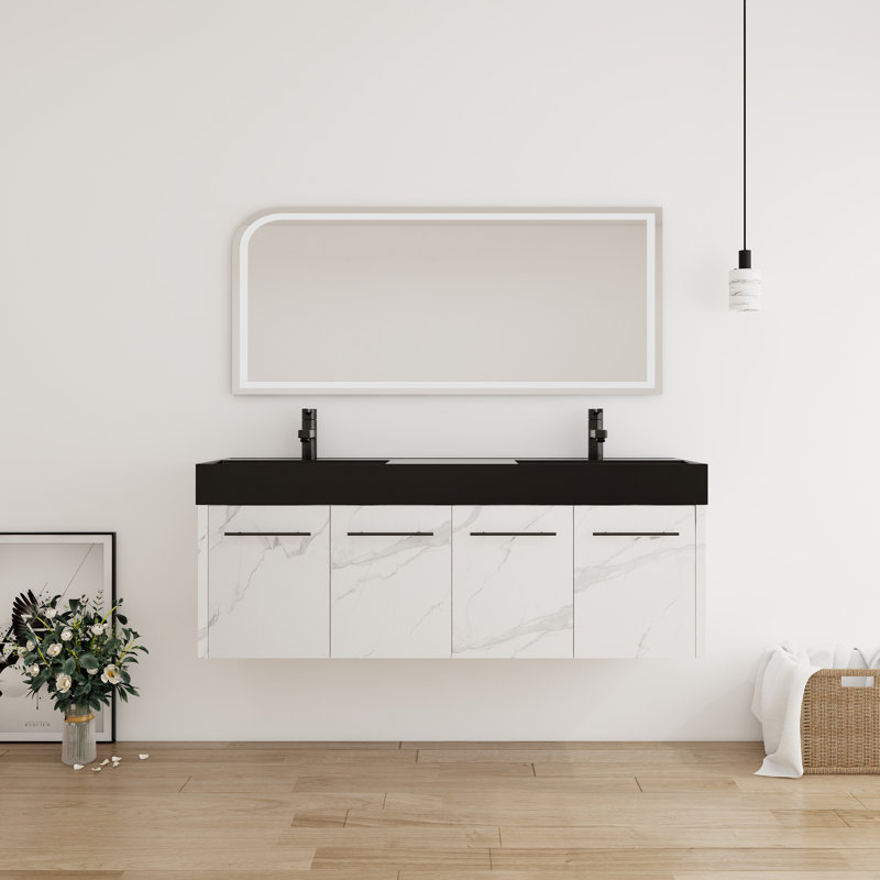 Ensemble de meuble-lavabo mural moderne avec 4 portes et lavabo en résine Ivinghoe, Blanc de Carrare / noir, Noir