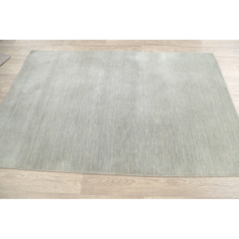 Tapis décoratif gris en laine de conception unique 3 pi 11 po x 6 pi noué à la main New Age