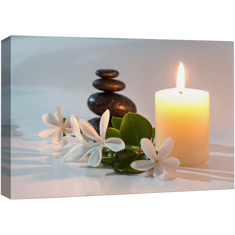 Fleurs de Tiare avec bougie et pierre zen nature sauvage - Photographie sur toile tendue, H 24 po x l 36 po x P 1,5 po