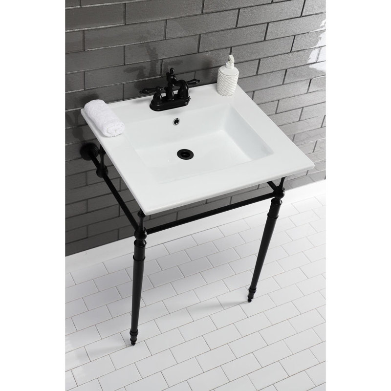 Lavabo console en laiton Kingstonian de 25 pouces avec pieds en laiton Kingston (4 pouces, 3 trous), Blanc / noir mat