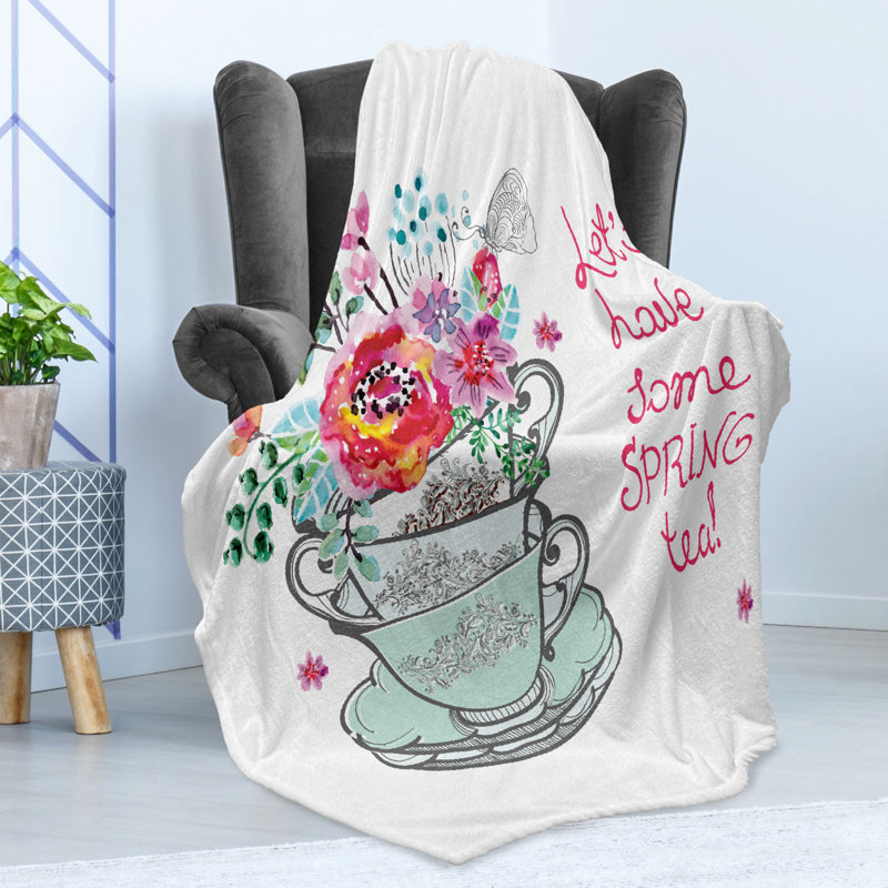 Ambesonne Tea Fleece Throw Blanket Lets Have Some Spring Tea Text Multicolor, 50" W x 60" L
